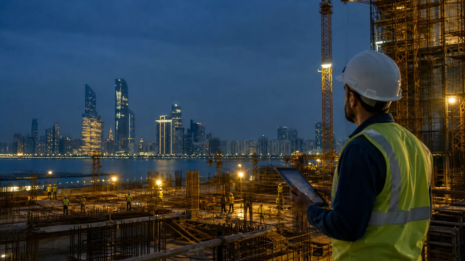 Abu Dhabi skyline at dusk from a construction site, cranes and warm work lights against deep blue sky, worker with a