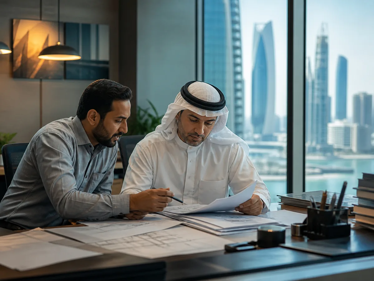 Engineer and contractor reviewing submittals in an office, daylight