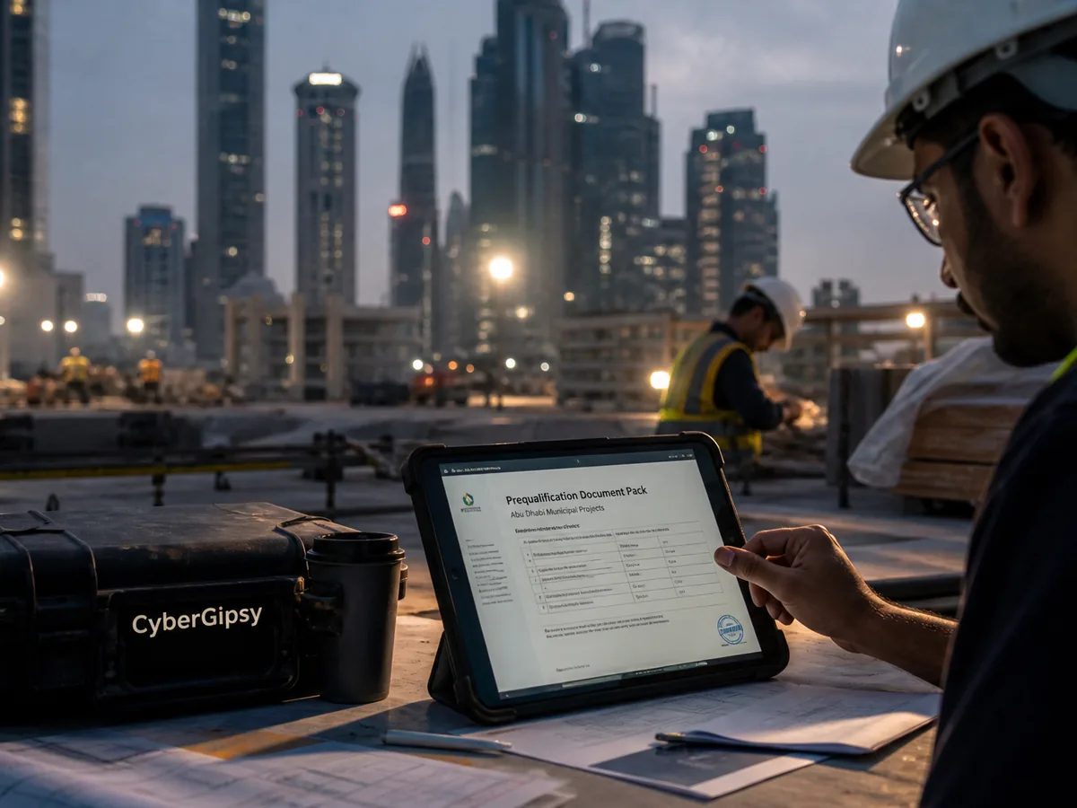 Tablet showing a prequalification document pack on a site desk
