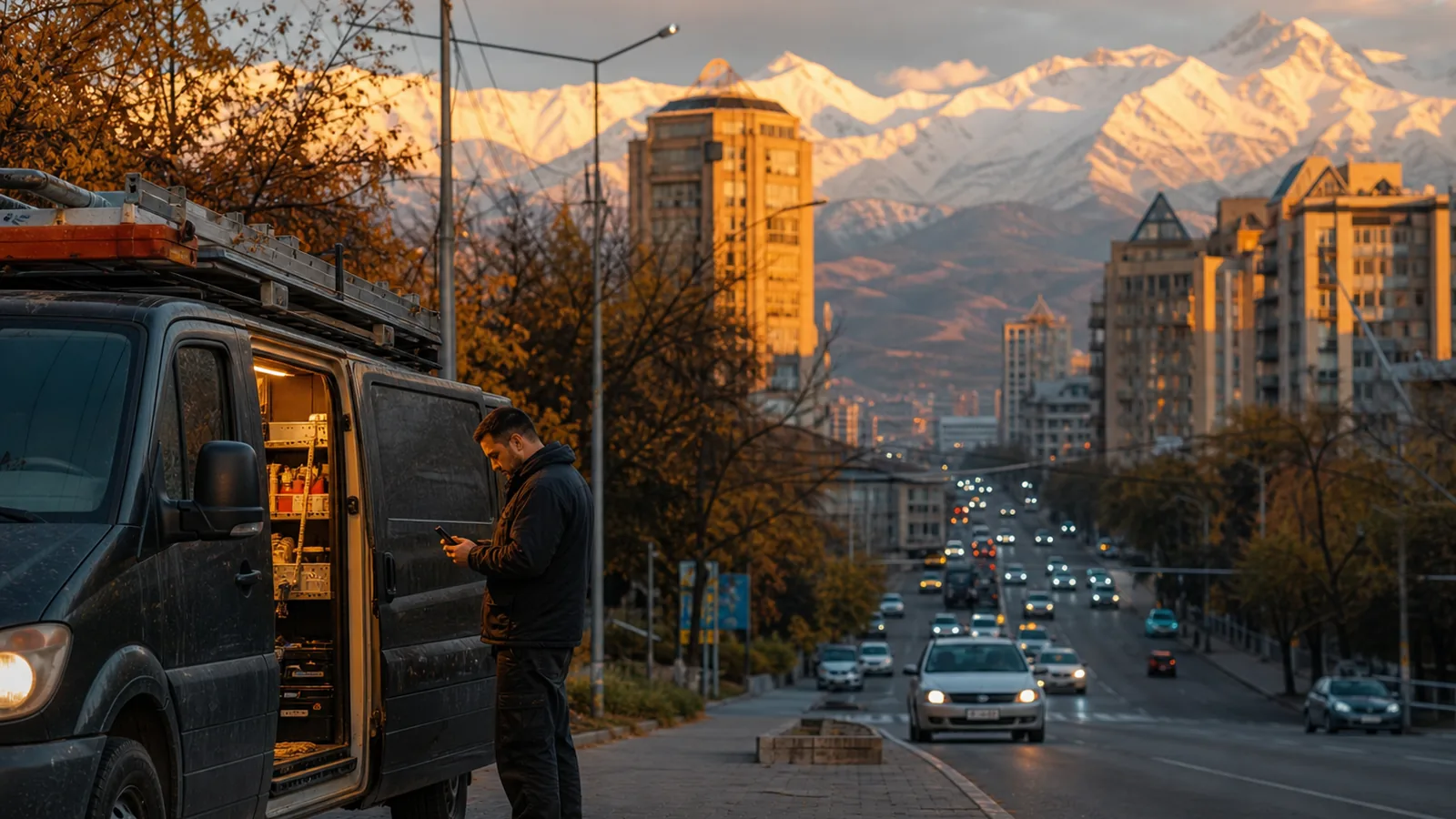 Almaty street at golden hour with mountains behind and a service van, worker checking a phone, warm autumn light