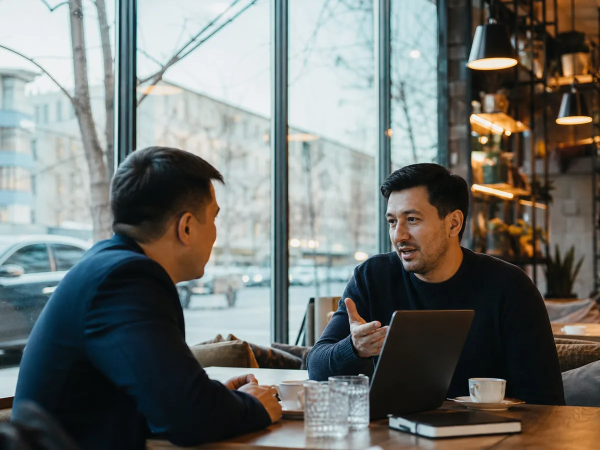 Two business owners talking in a modern Almaty cafe, daylight