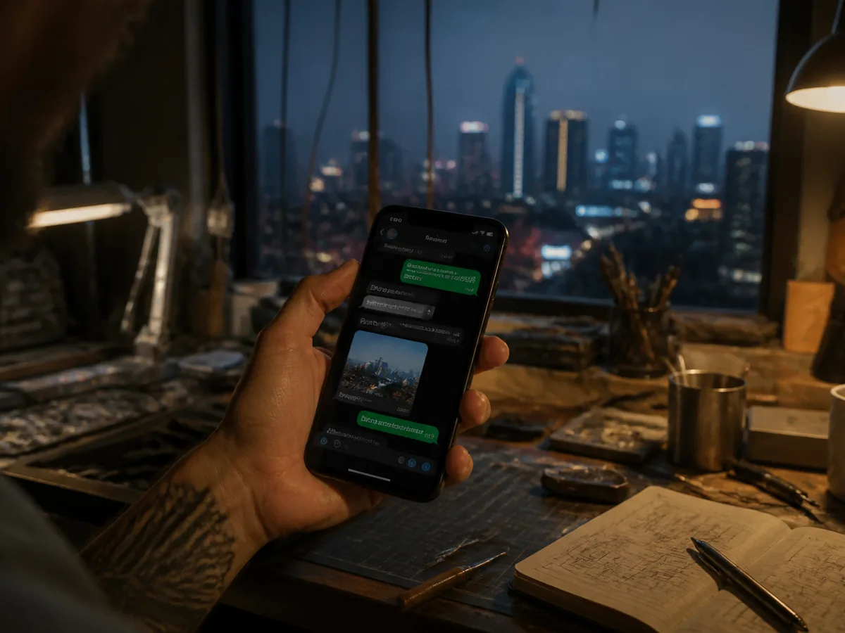 Phone showing a WhatsApp conversation with a booking confirmed, workbench background