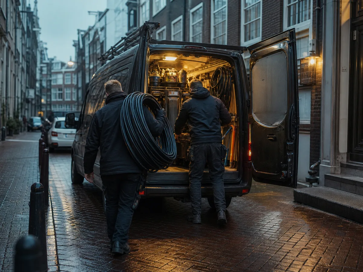 Two Dutch installers loading a van on a narrow street, morning light