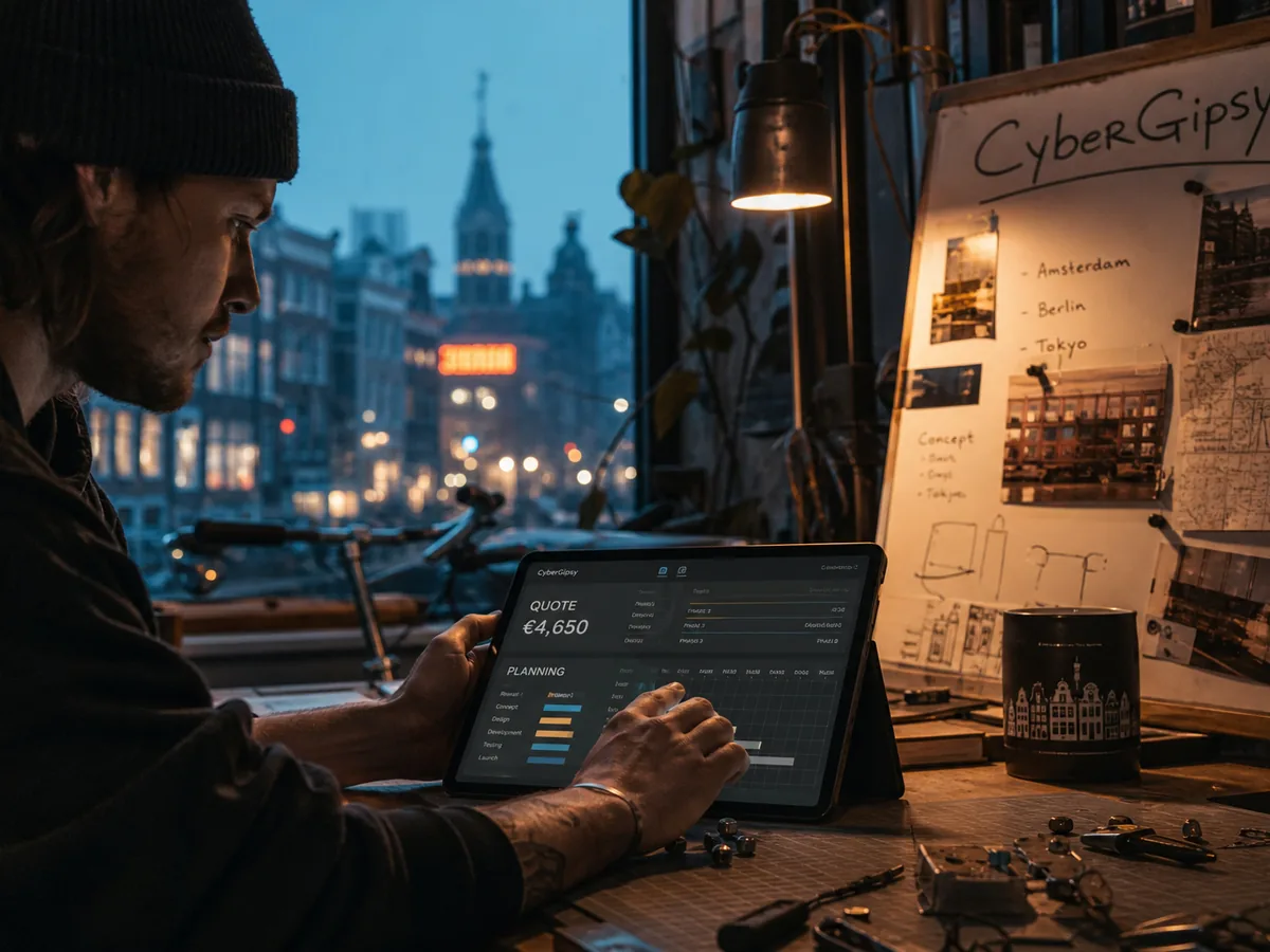 Tablet showing a digital quote and planning screen on a workbench
