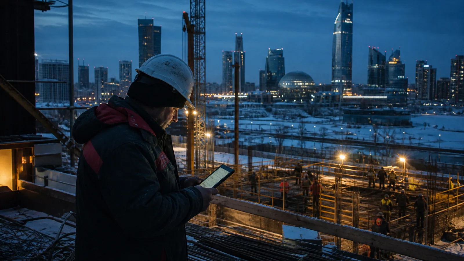 Astana skyline at dusk in winter with a construction site in the foreground, worker checking a tablet, cold blue light