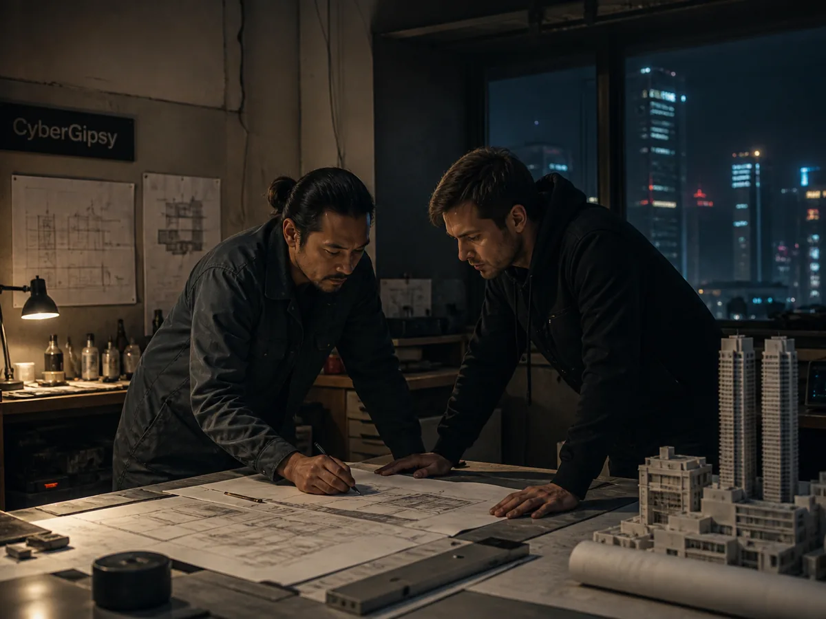Two site managers reviewing drawings in a site office, artificial light
