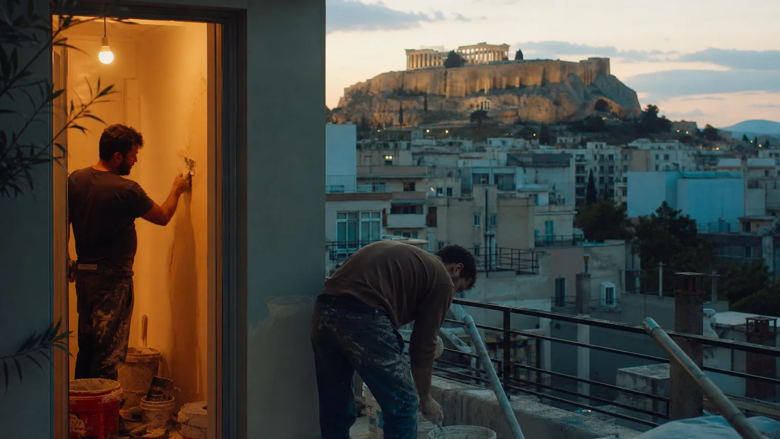 Athens rooftop view at golden hour with the Acropolis in the distance and an apartment under renovation in the