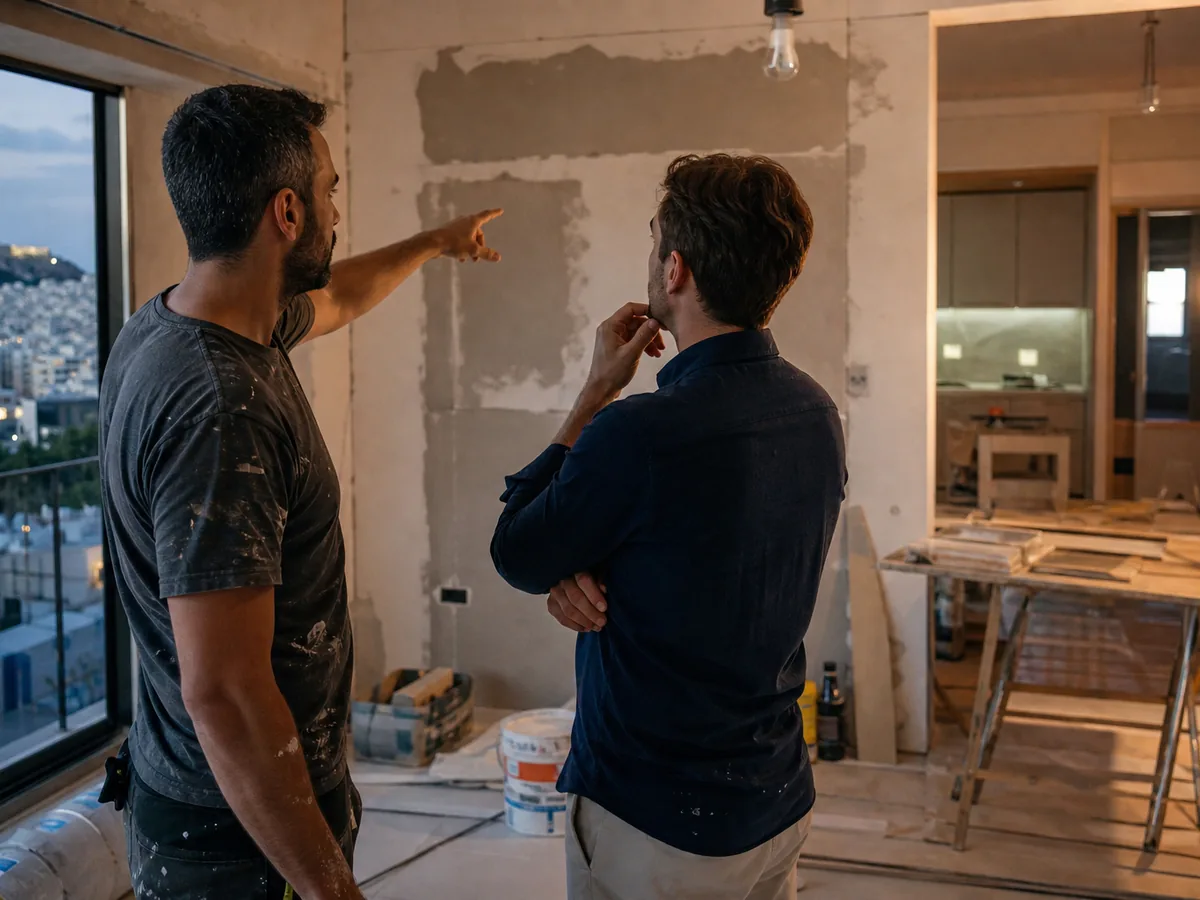 Greek contractor and an international owner reviewing work in an apartment, daylight