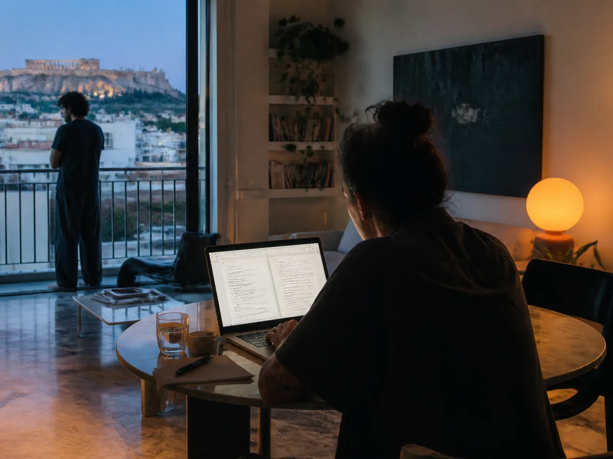 Laptop showing a bilingual project update in a renovated Athens apartment, marble floor and balcony light