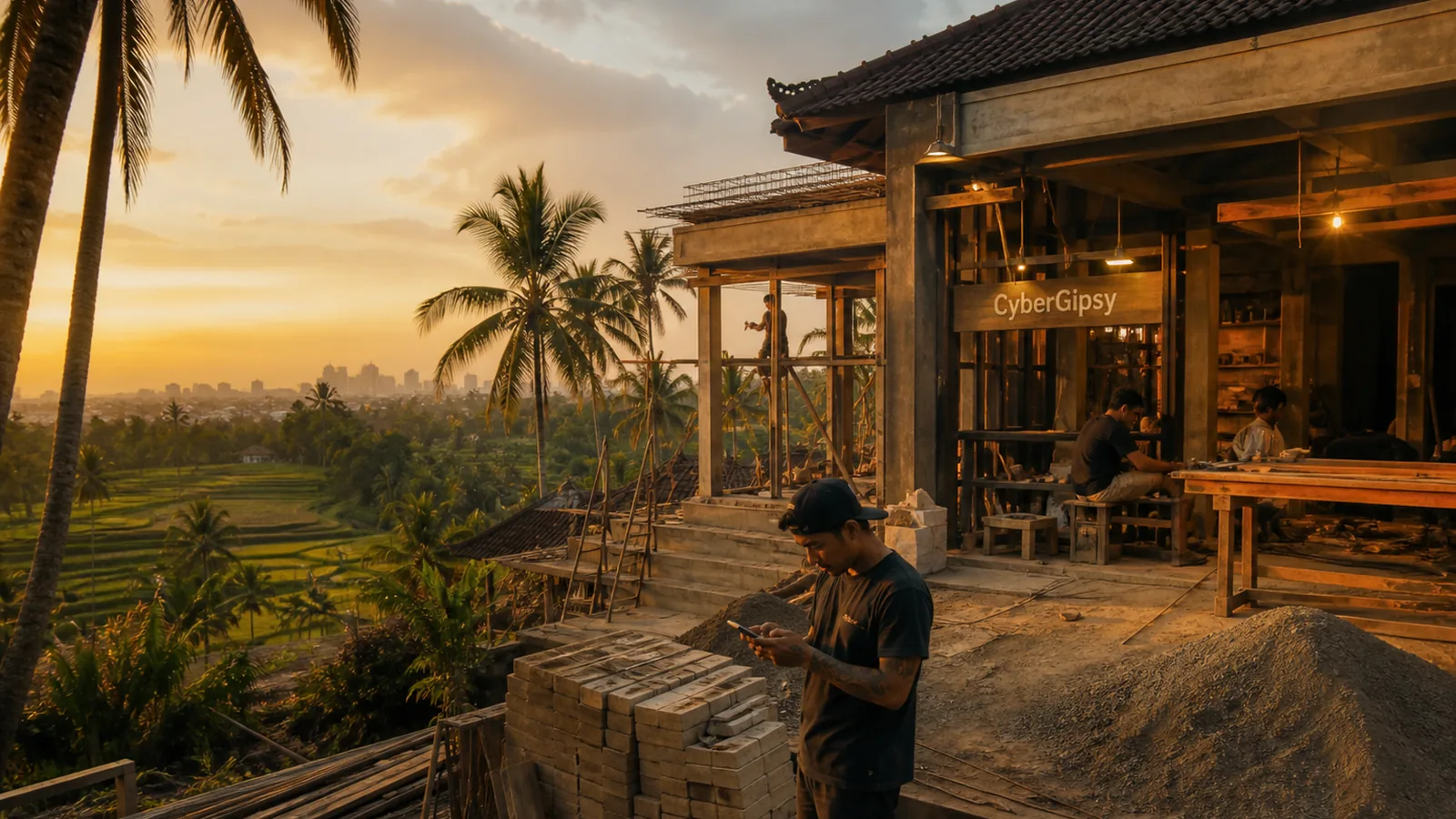 Bali villa under construction at golden hour surrounded by palms and rice terraces, worker checking a phone, warm