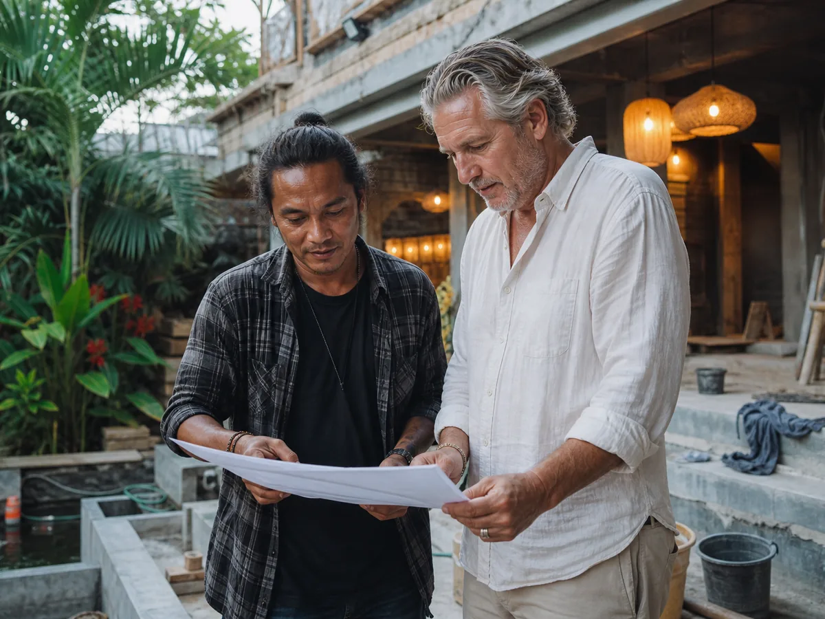 Balinese site supervisor and a foreign owner reviewing work together, bright daylight