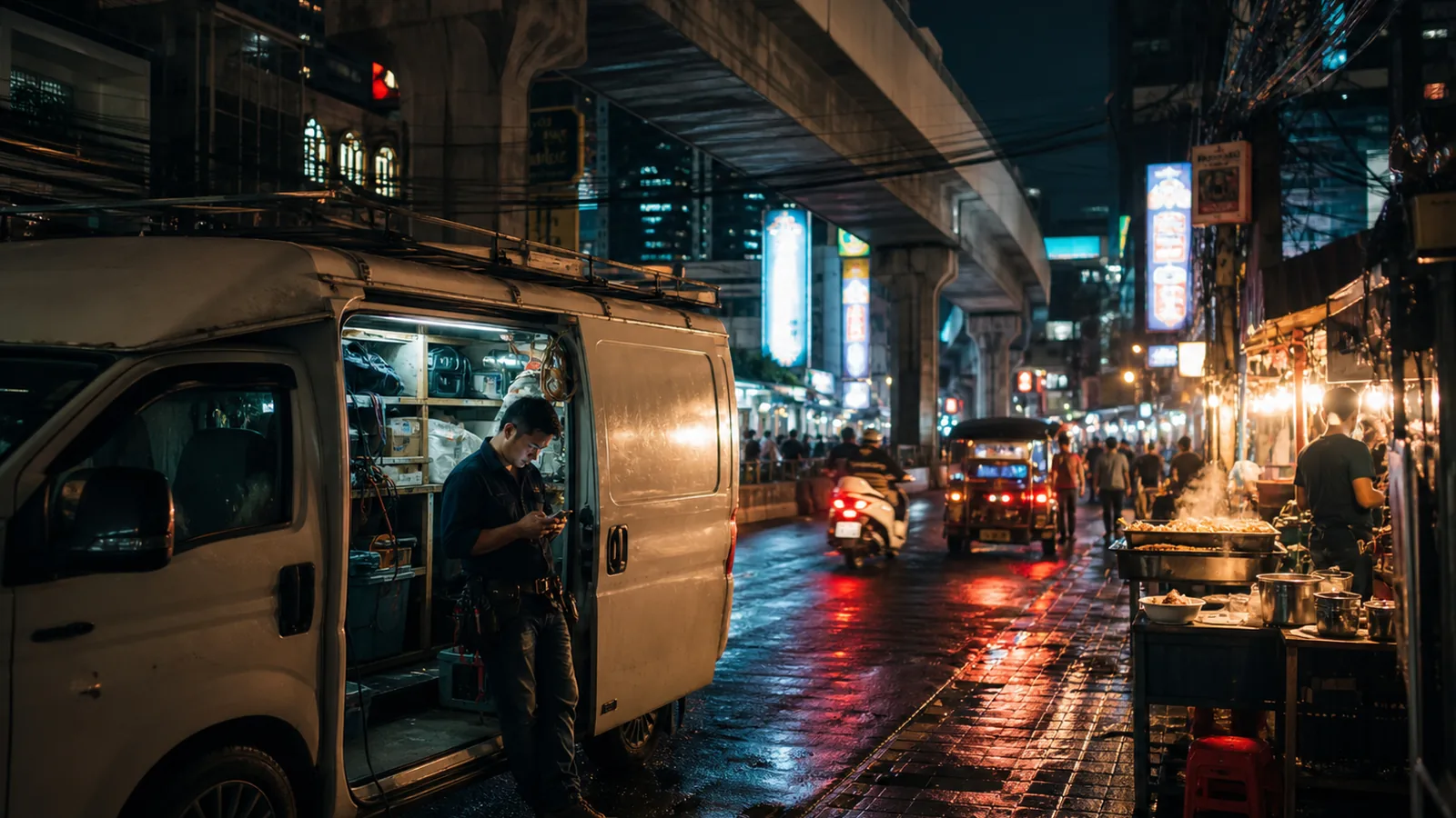 Bangkok street at night with a service van and a technician checking a phone, neon signage and warm street food light