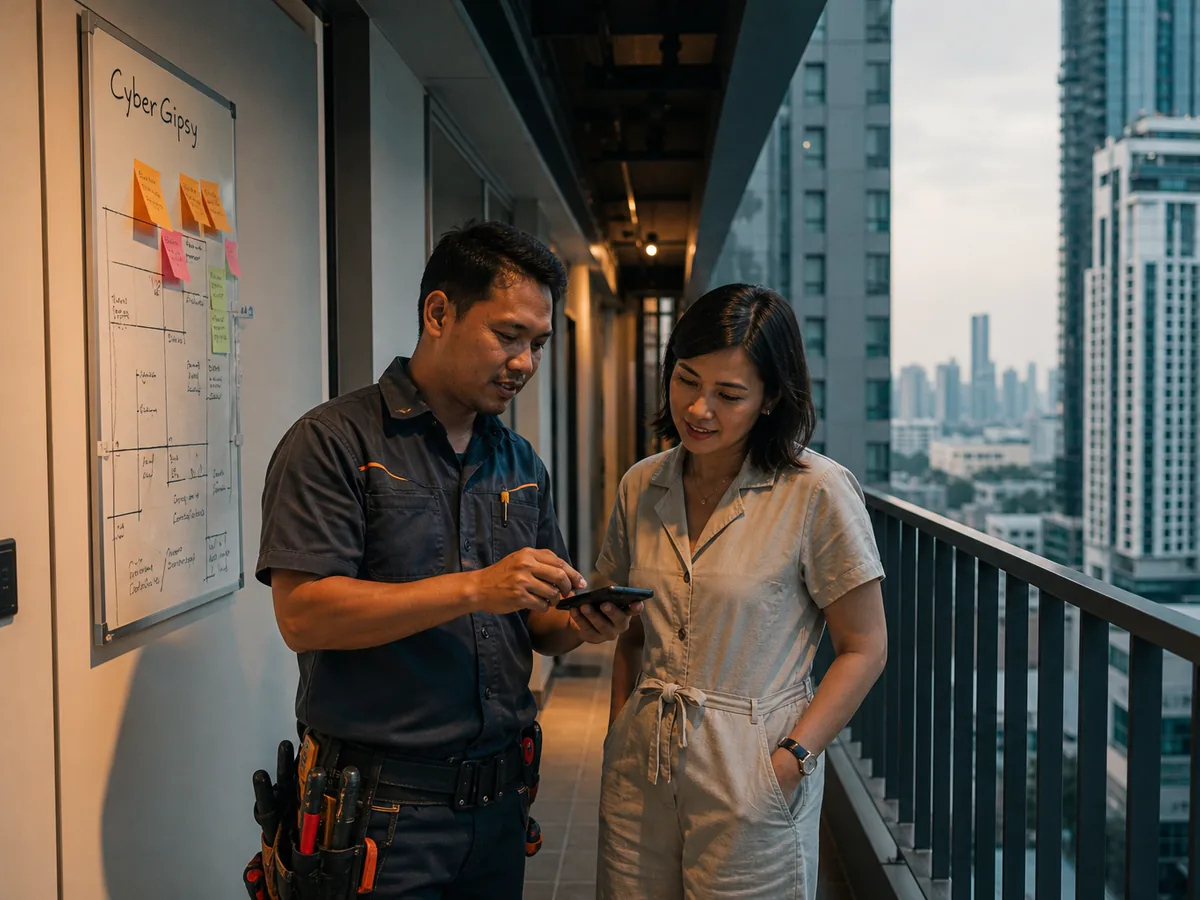 Thai technician and business owner talking in a condominium corridor, both looking at a phone, daylight