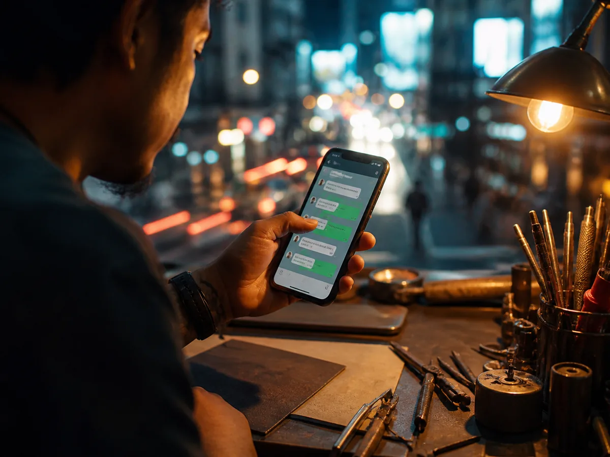Phone showing a LINE conversation with a booking confirmed, on a workbench with tools, warm light
