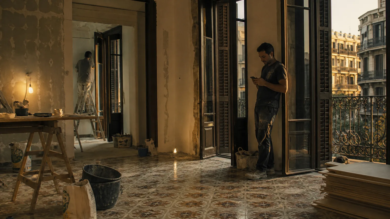 Barcelona Eixample apartment under renovation at golden hour, tiled floors and tall shutters, worker checking a phone