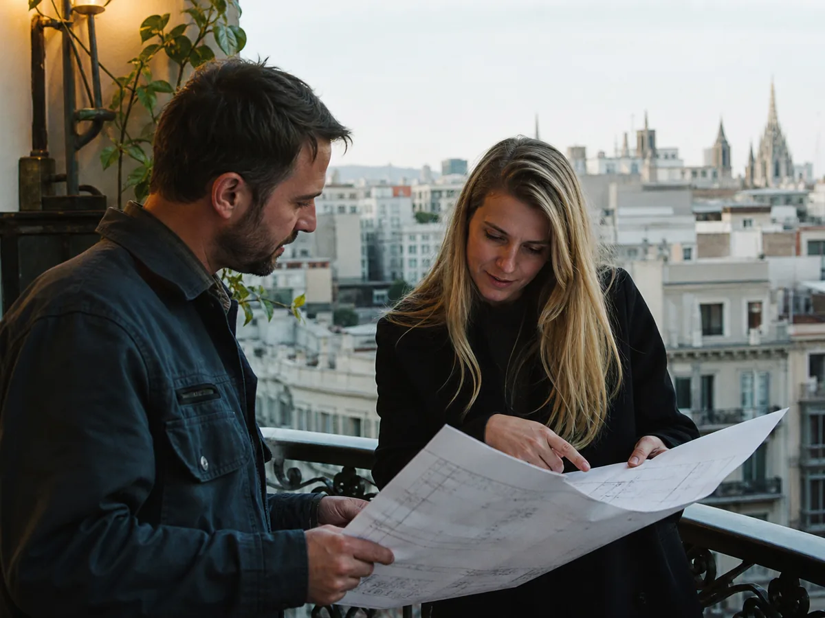 Contractor and international client reviewing plans on a Barcelona balcony, daylight