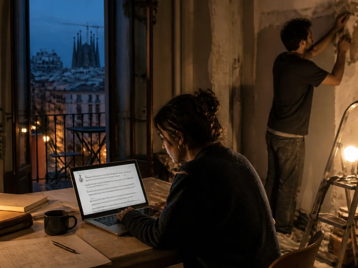 Laptop showing a multilingual quote in a partly renovated apartment