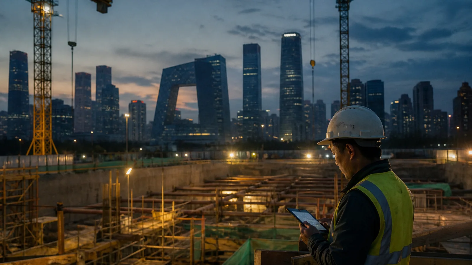 Beijing CBD skyline at dusk with a construction site in the foreground, worker checking a tablet, warm site lights