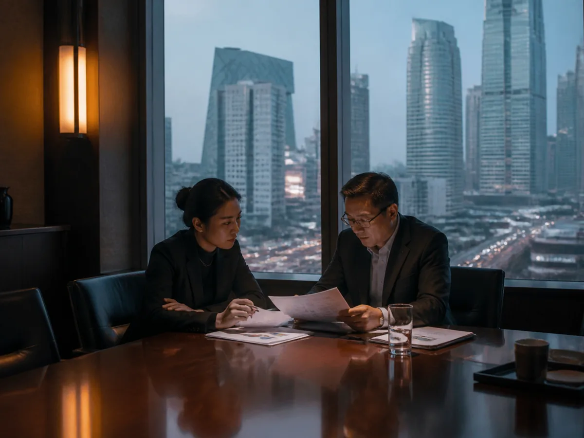 Two professionals reviewing documents in a formal meeting room, daylight