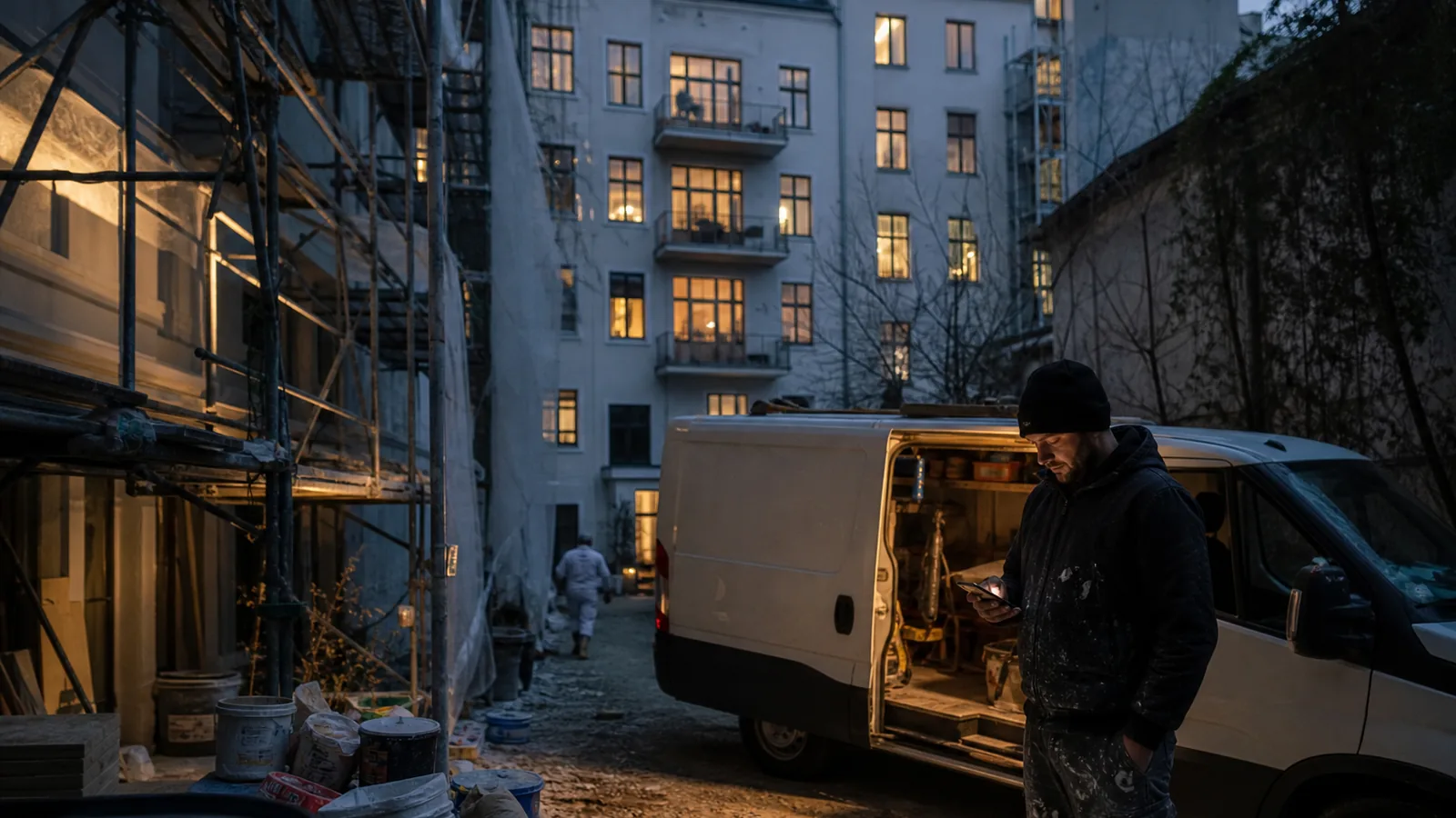 Berlin Altbau courtyard under renovation at dusk, scaffolding and a work van, tradesperson checking a phone, warm window