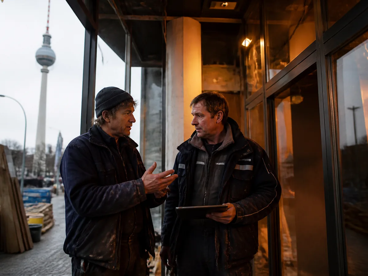 Two German tradespeople in workwear discussing a job in front of a building, natural daylight
