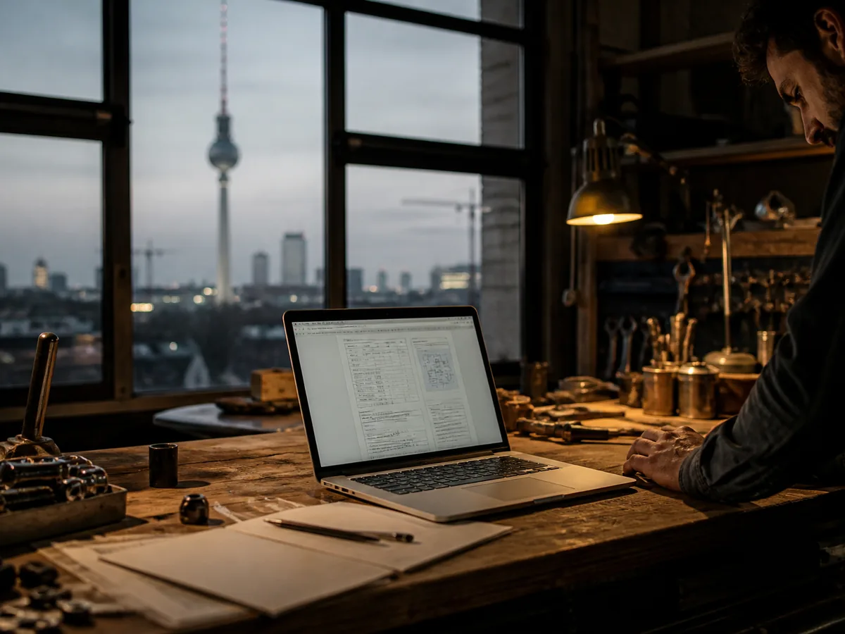 Laptop showing a structured German quote document on a workbench in a workshop, tools around it