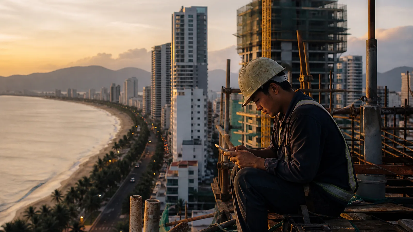 Da Nang coastline at golden hour with new buildings and a construction site, worker checking a phone, warm tropical light