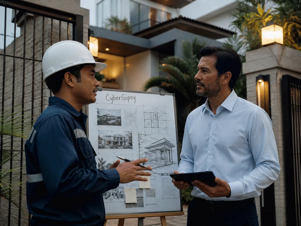 Property manager and contractor talking beside a villa gate, bright daylight