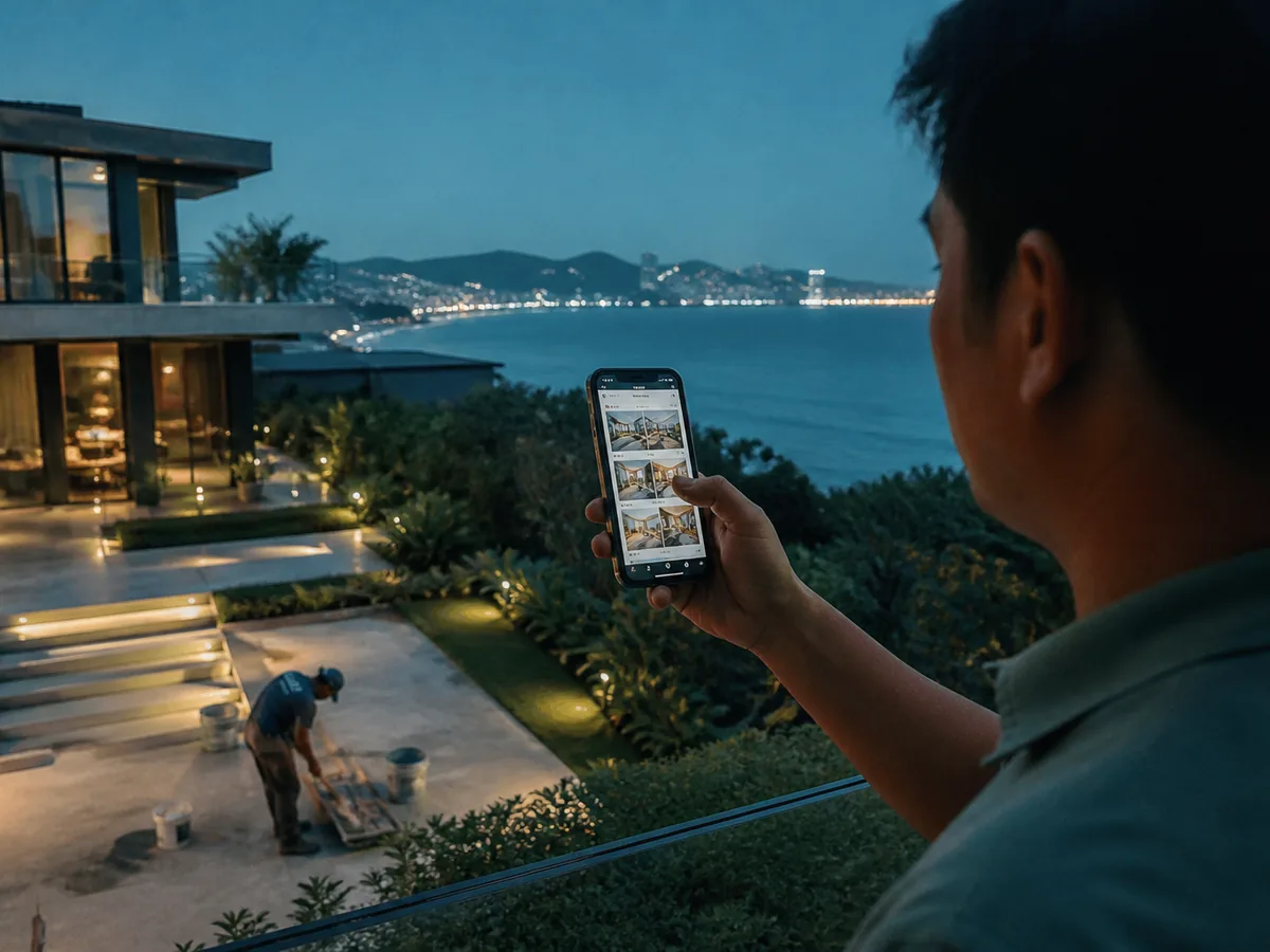 Phone showing a photo progress report of villa maintenance, sea visible behind