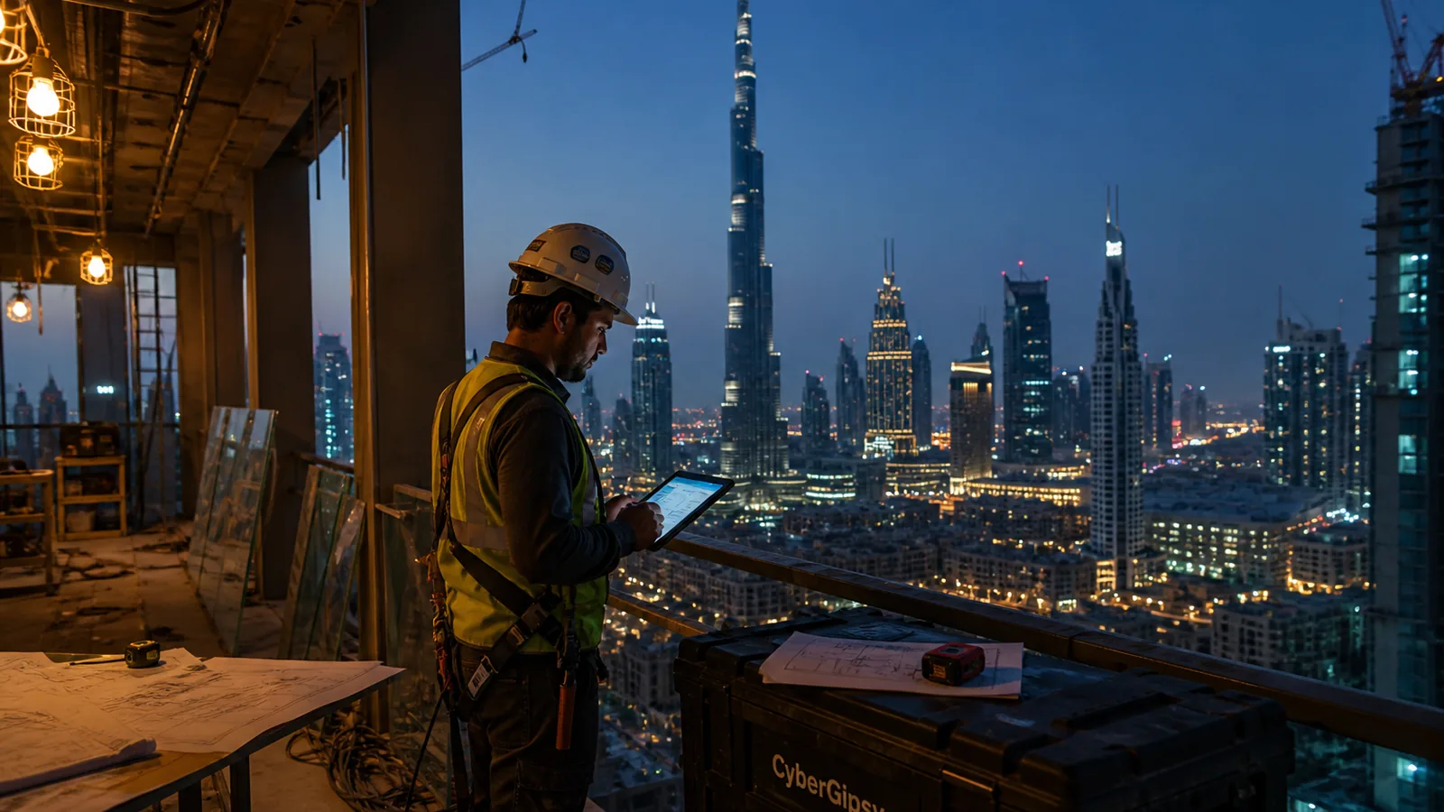 Dubai skyline at blue hour from a high-rise fit-out site, worker checking a tablet in the foreground, warm interior work