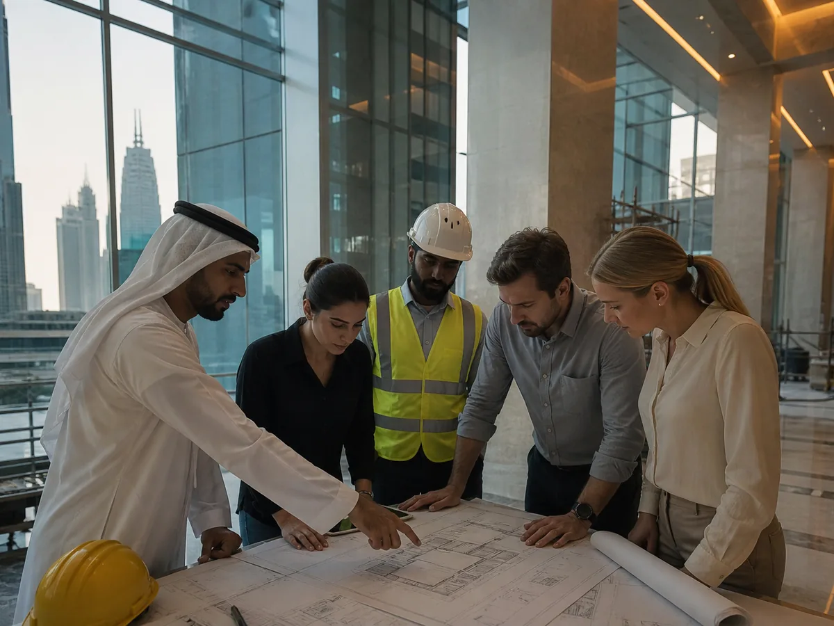 Multinational site team reviewing drawings together in a Dubai building lobby under construction, daylight