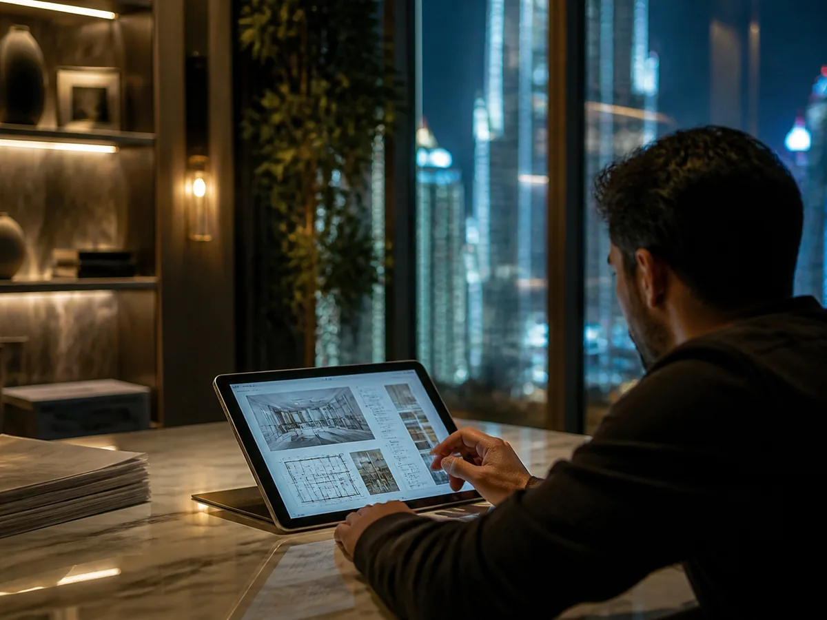 Tablet showing a tender submission pack on a marble surface in a luxury fit-out, dramatic side light