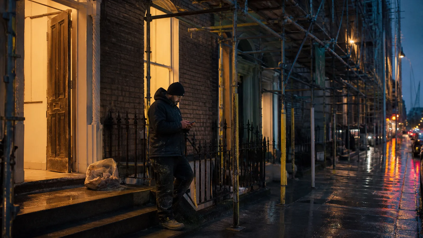 Dublin terrace house under renovation on a wet evening, scaffolding and warm window light, tradesperson checking a phone