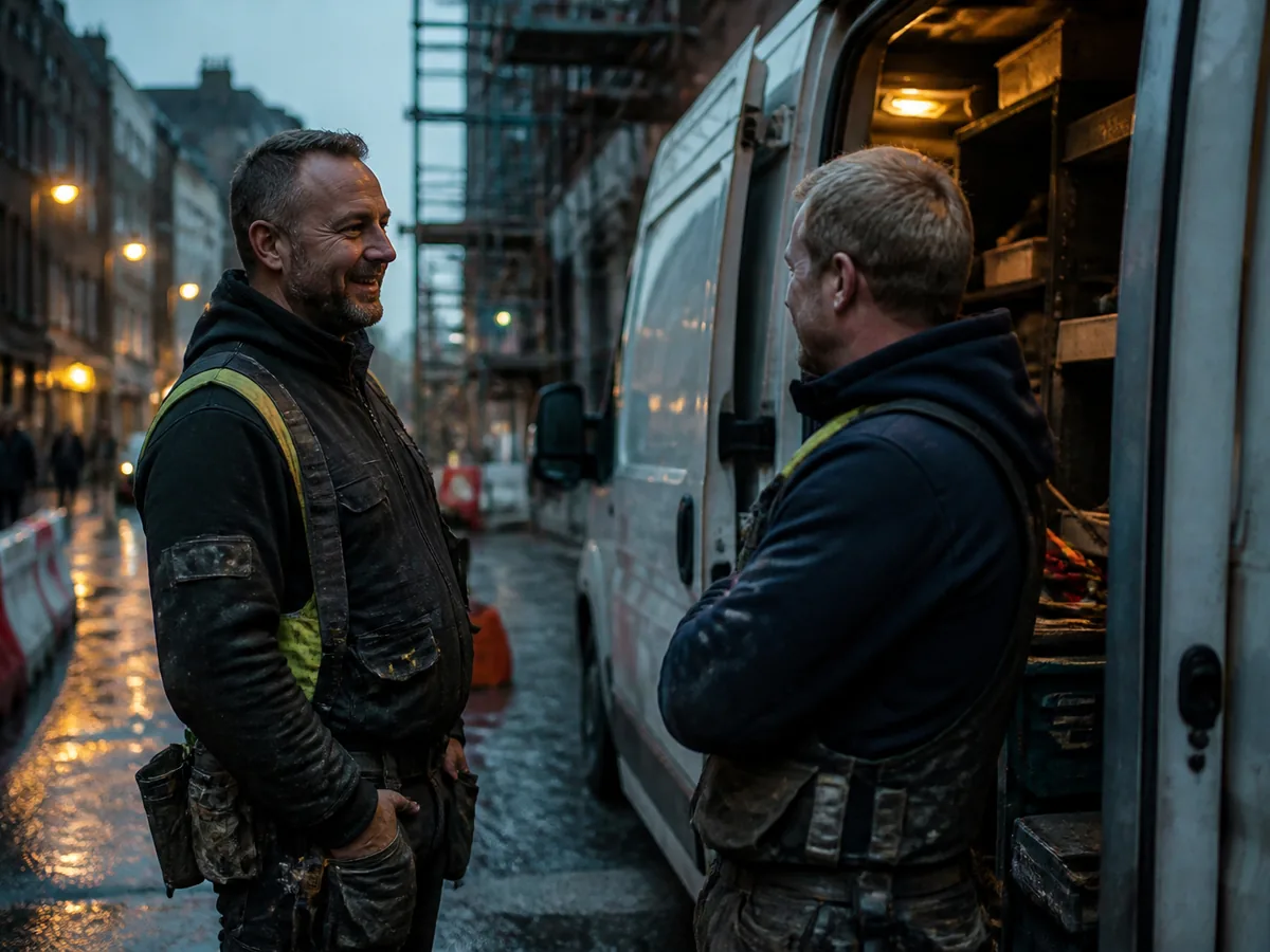 Two Irish tradespeople talking beside a work van, natural daylight