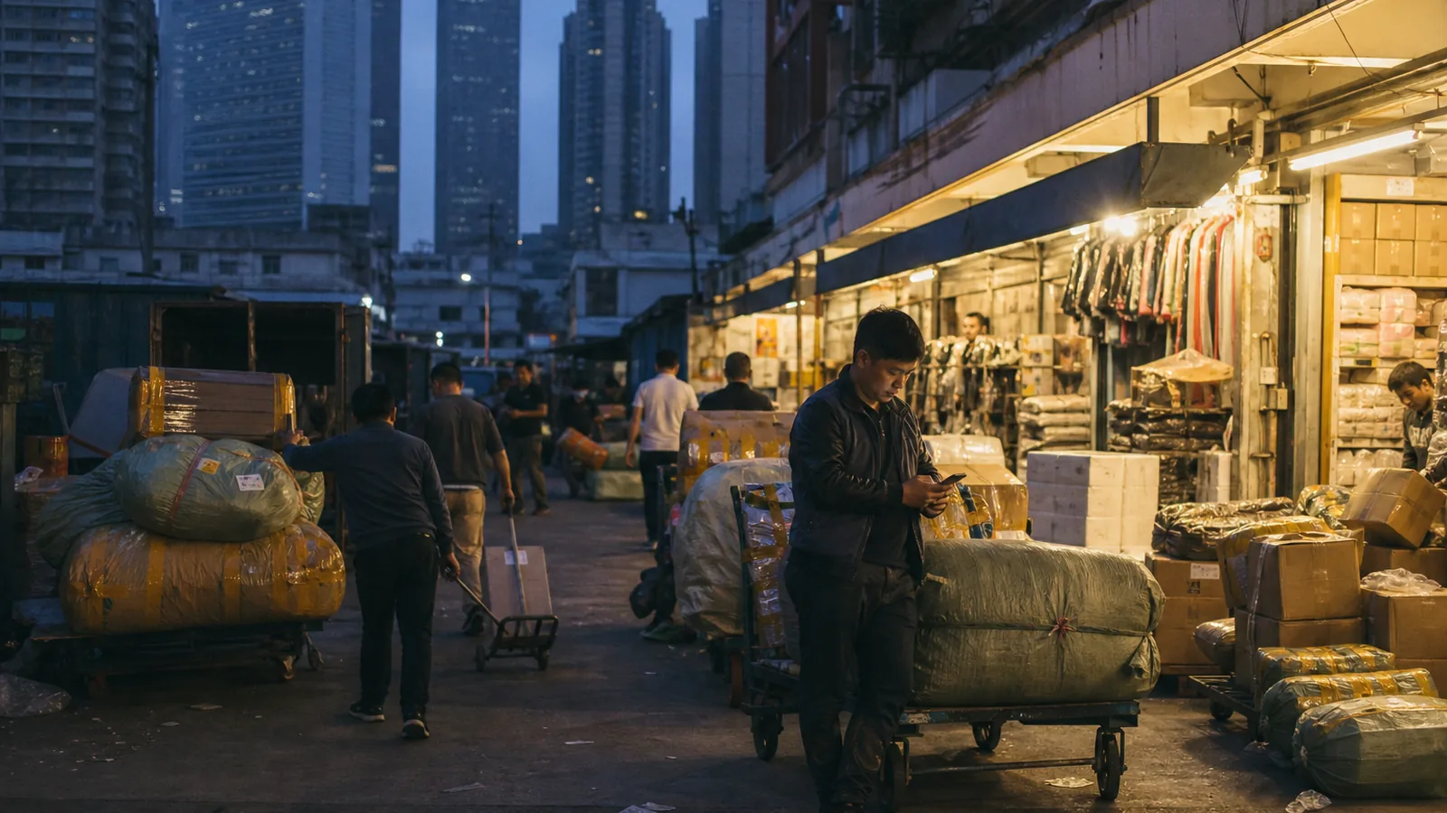Guangzhou wholesale market district at dusk with loaded trolleys and warm shop lights, a trader checking a phone