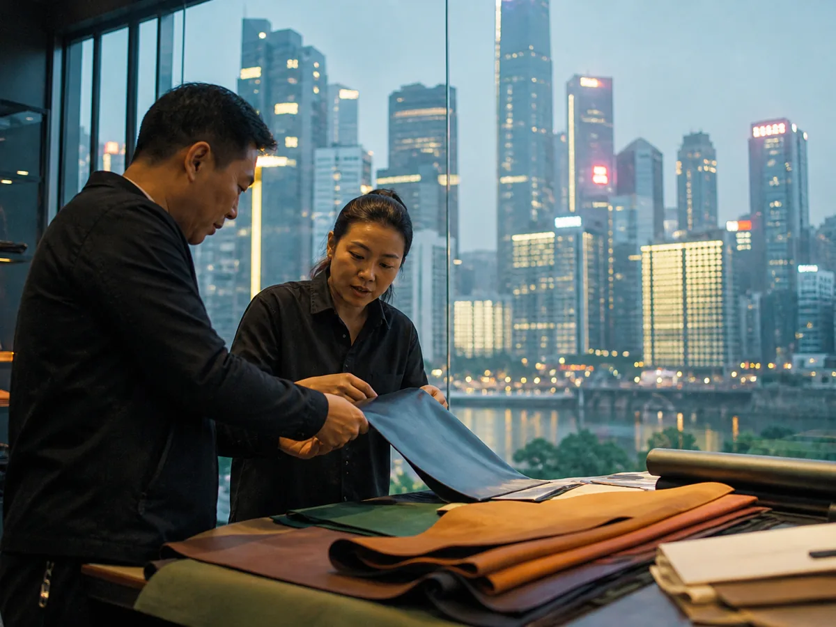 Two traders discussing samples in a showroom, bright commercial light