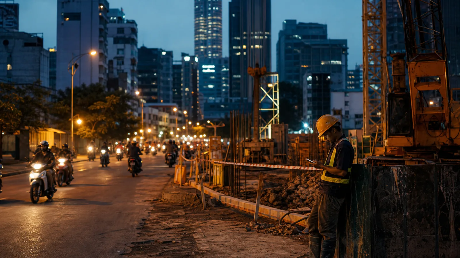 Ho Chi Minh City street at dusk with motorbikes and a construction site, worker checking a phone, warm street light