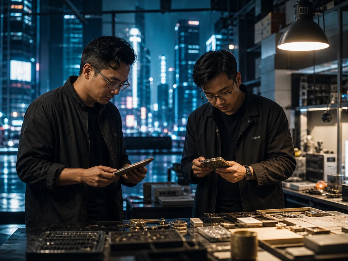 Two Vietnamese managers reviewing samples in a workshop, bright light