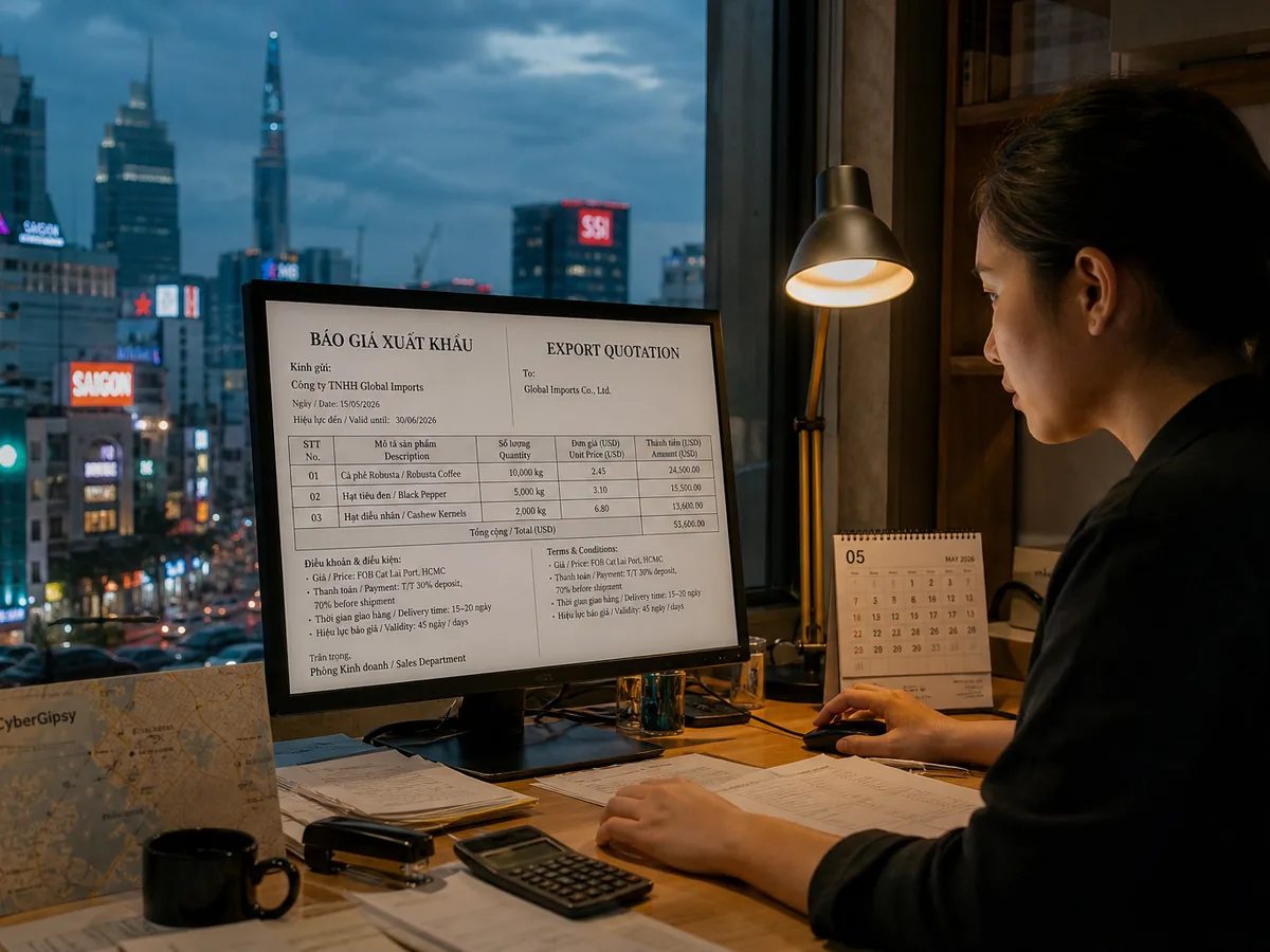 Screen showing a bilingual export quotation on a factory office desk