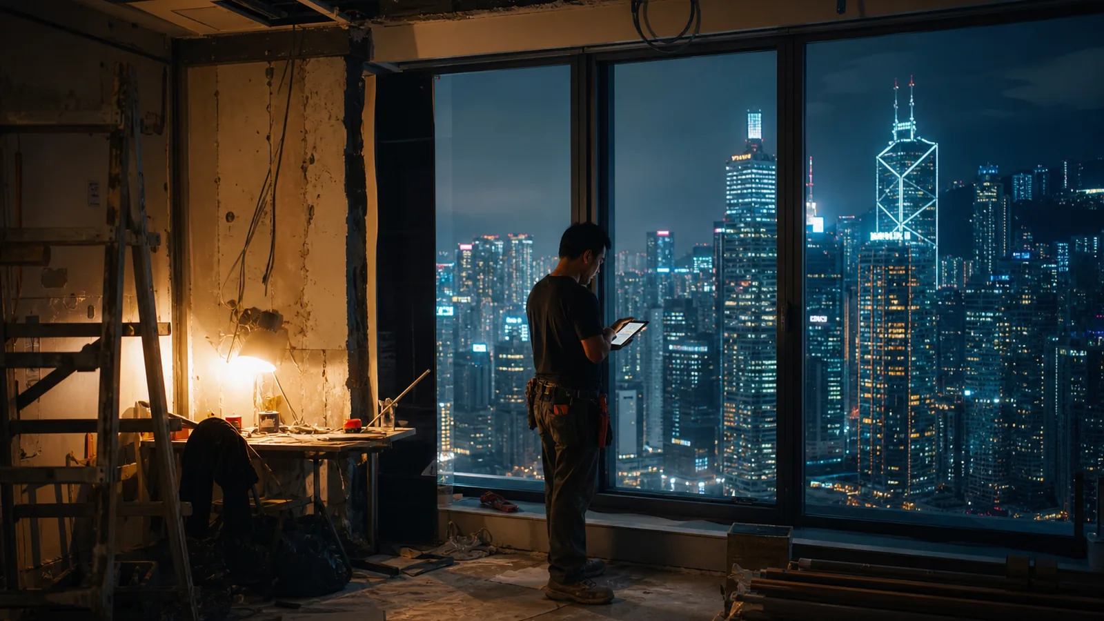 Hong Kong high-rise interior under renovation at night, city towers glowing through a window, worker with a tablet, warm