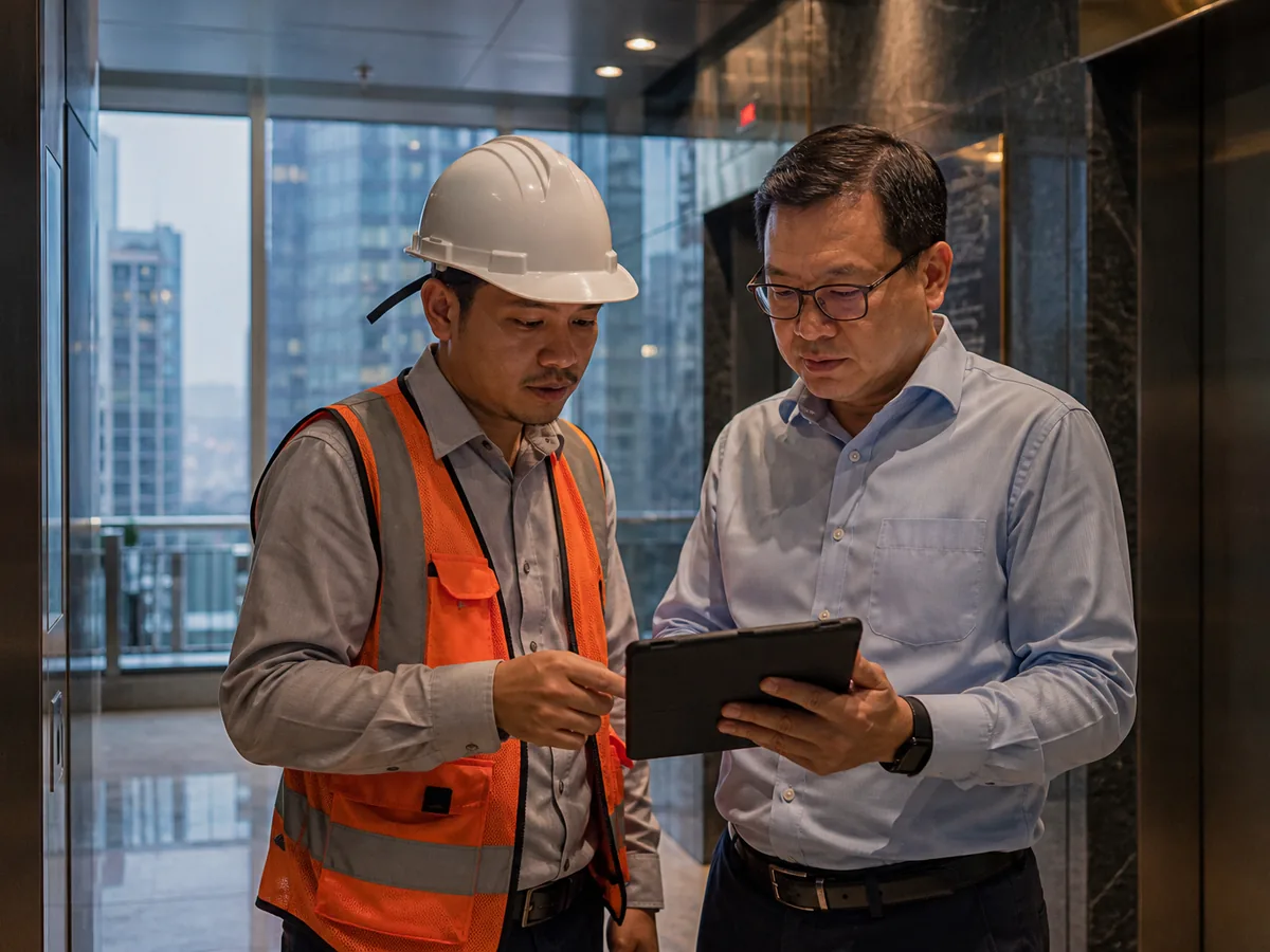 Site foreman and building manager talking in a lift lobby, both looking at a tablet, fluorescent and daylight mix