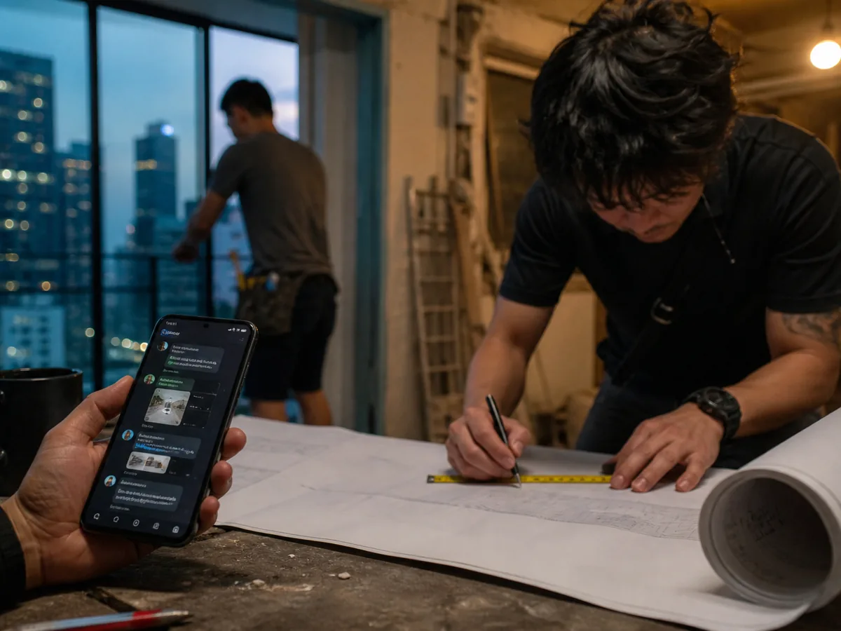 Phone showing a trilingual client update thread, on a site table in a compact apartment renovation