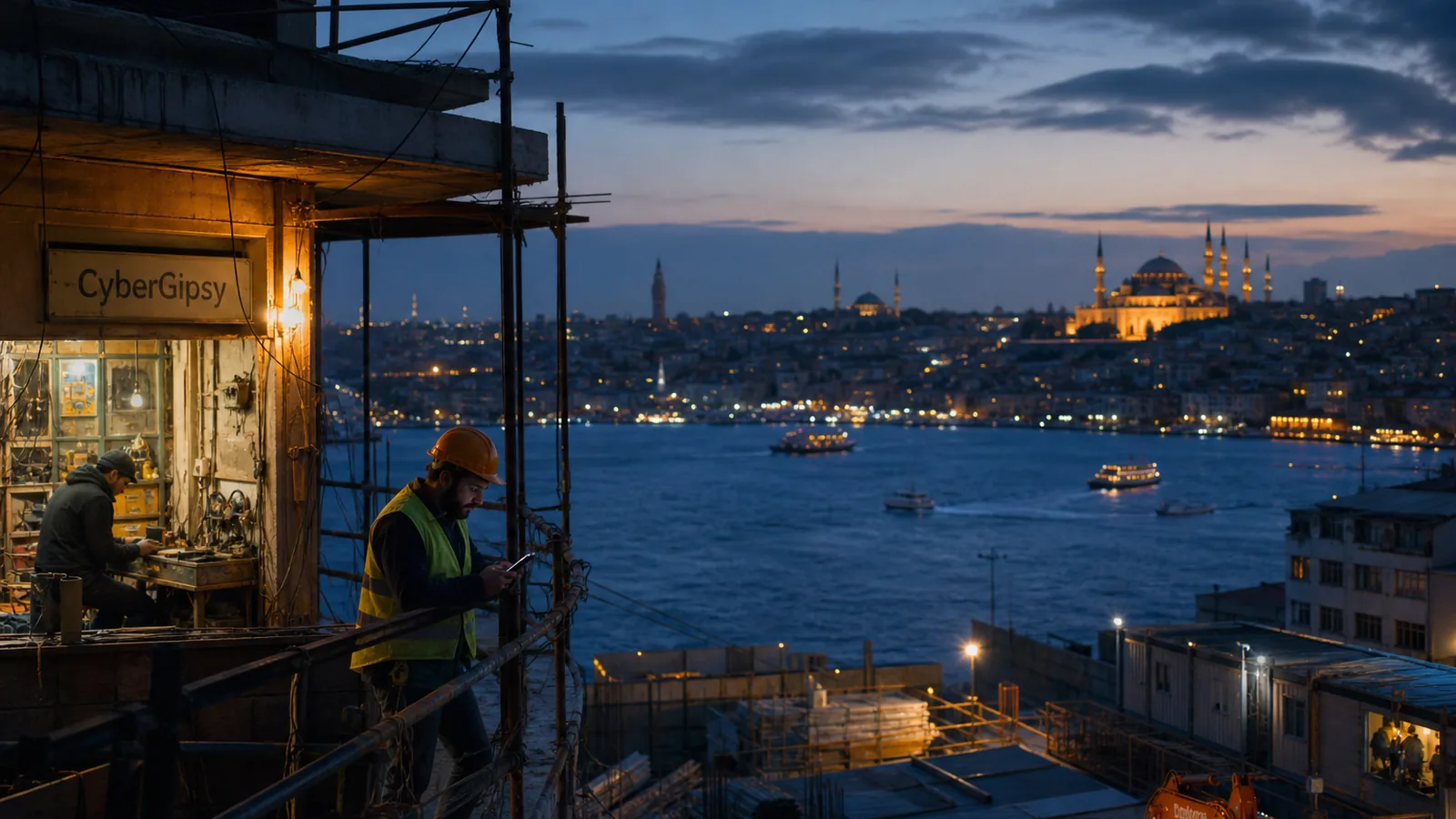 Istanbul skyline at dusk with the Bosphorus and a construction site in the foreground, worker checking a phone, warm