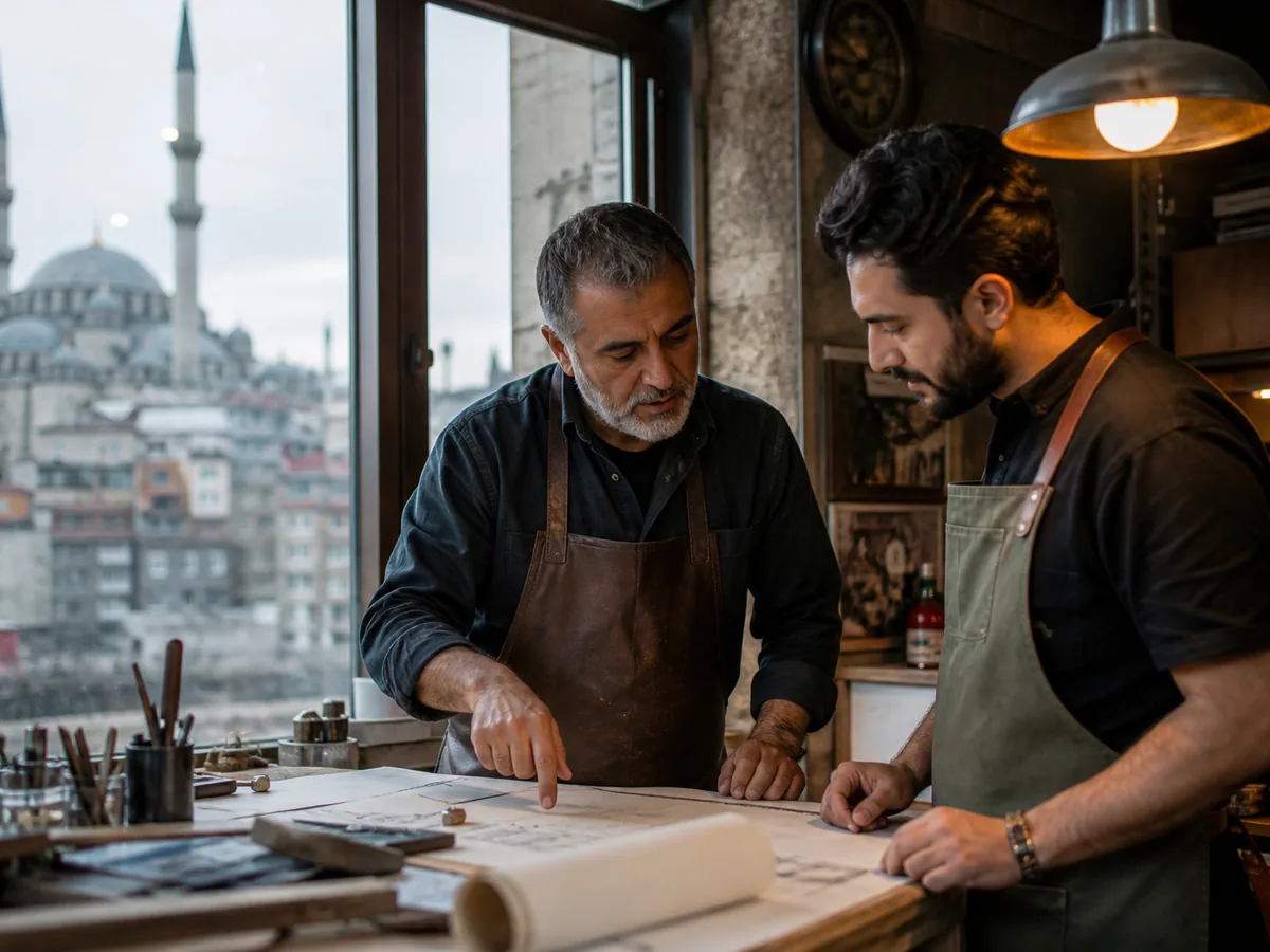 Two Turkish business owners discussing plans in a workshop, warm daylight