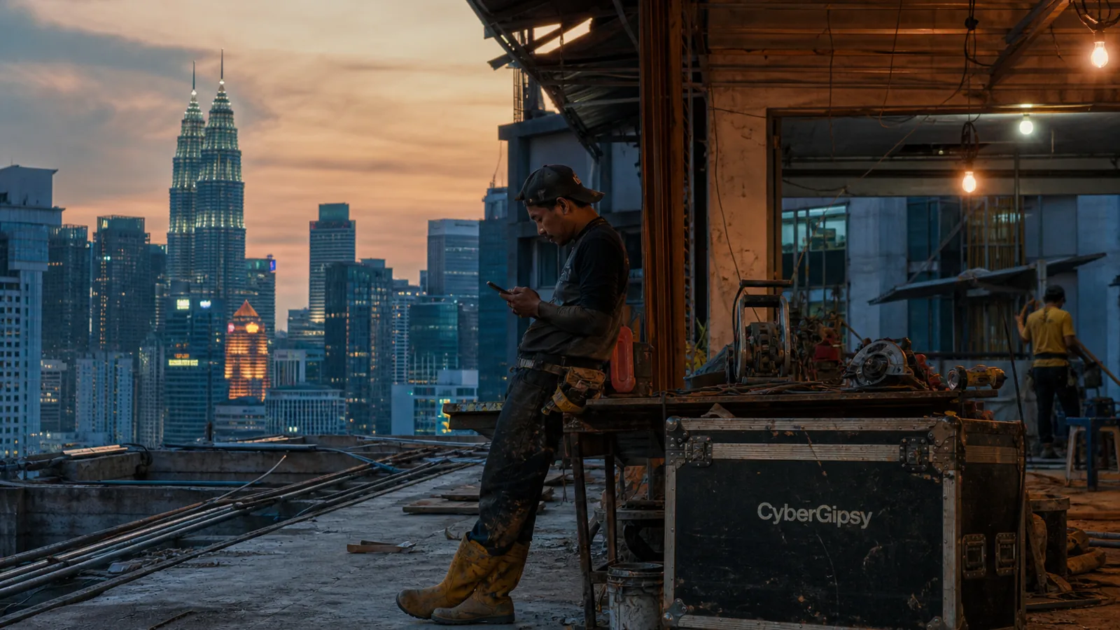 Kuala Lumpur skyline at dusk with a renovation site in the foreground, worker checking a phone, warm tropical light