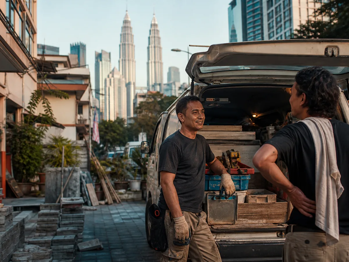Two contractors talking beside a van in a KL neighbourhood, bright daylight