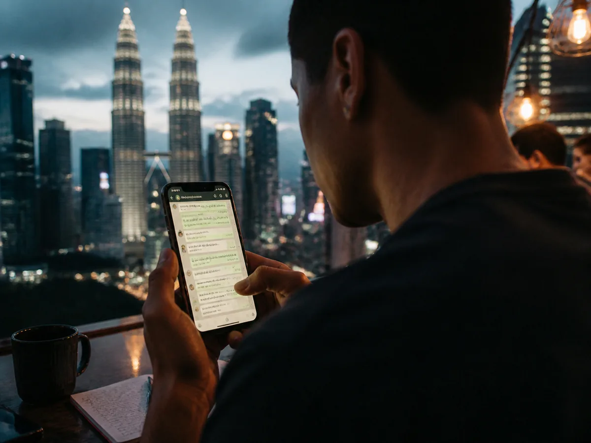 Phone showing a multilingual WhatsApp booking conversation