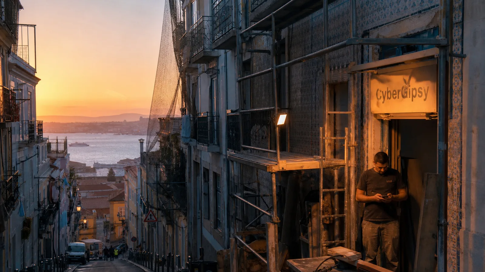 Lisbon hillside street at golden hour with a building under renovation, scaffolding and tiled facades, worker checking a
