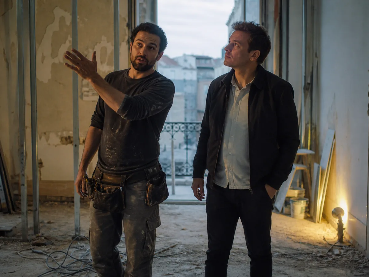 Portuguese contractor and an international client walking through a renovation, discussing, daylight