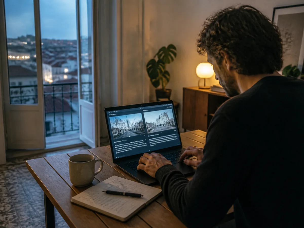 Laptop showing a bilingual project update on a table in a renovated Lisbon apartment, tiled floor and window light